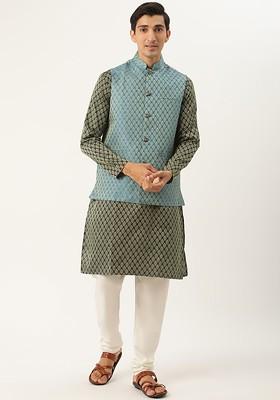 Green Woven Jacquard Kurta Set For Men