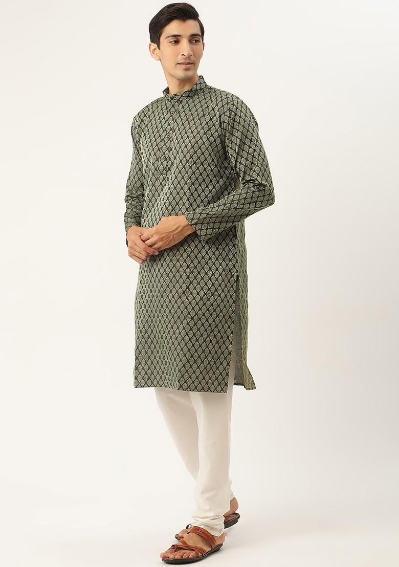 Green Woven Jacquard Kurta Set For Men