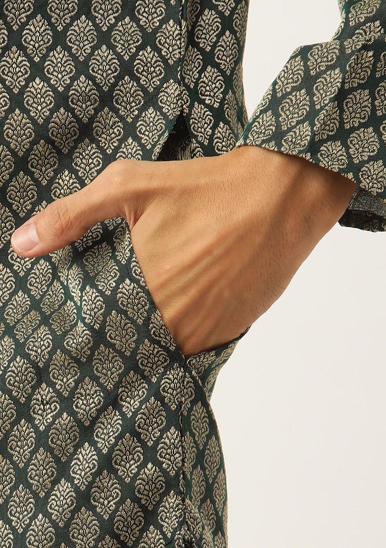 Green Woven Jacquard Kurta Set For Men