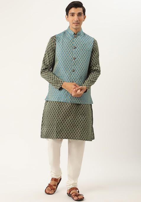 Green Woven Jacquard Kurta Set For Men