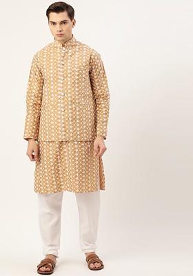 Gold Embroidered Poly Blend Kurta Set For Men