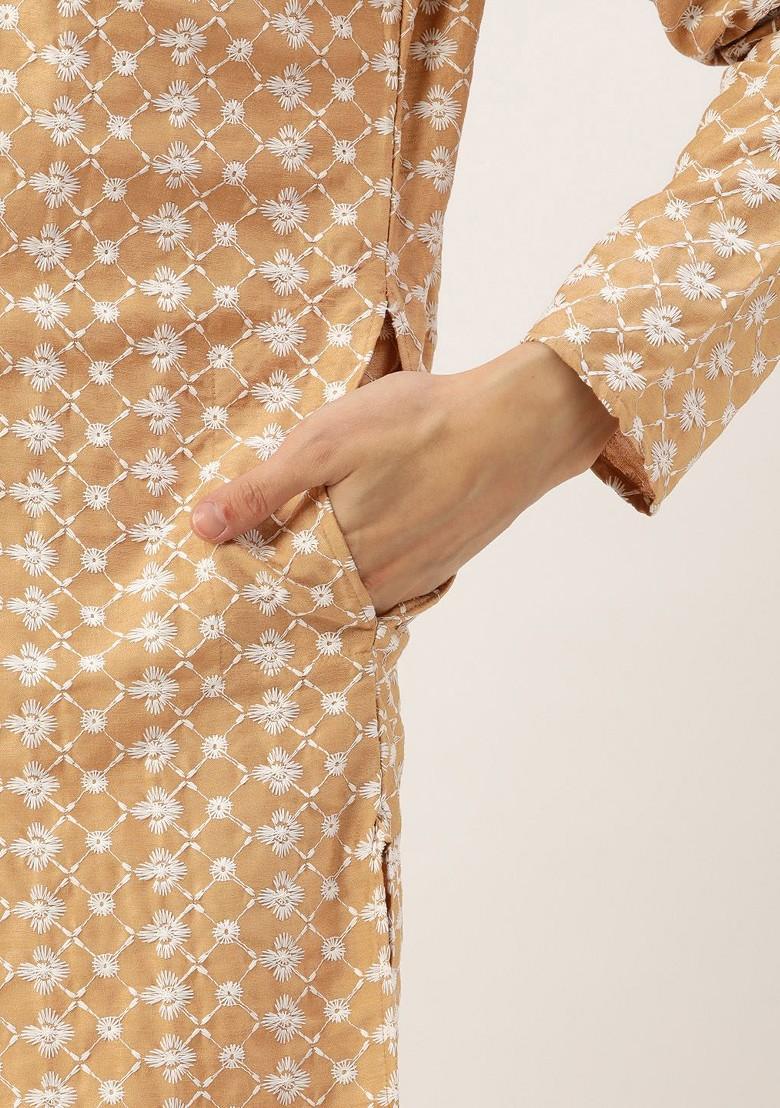 Gold Embroidered Poly Blend Kurta Set For Men