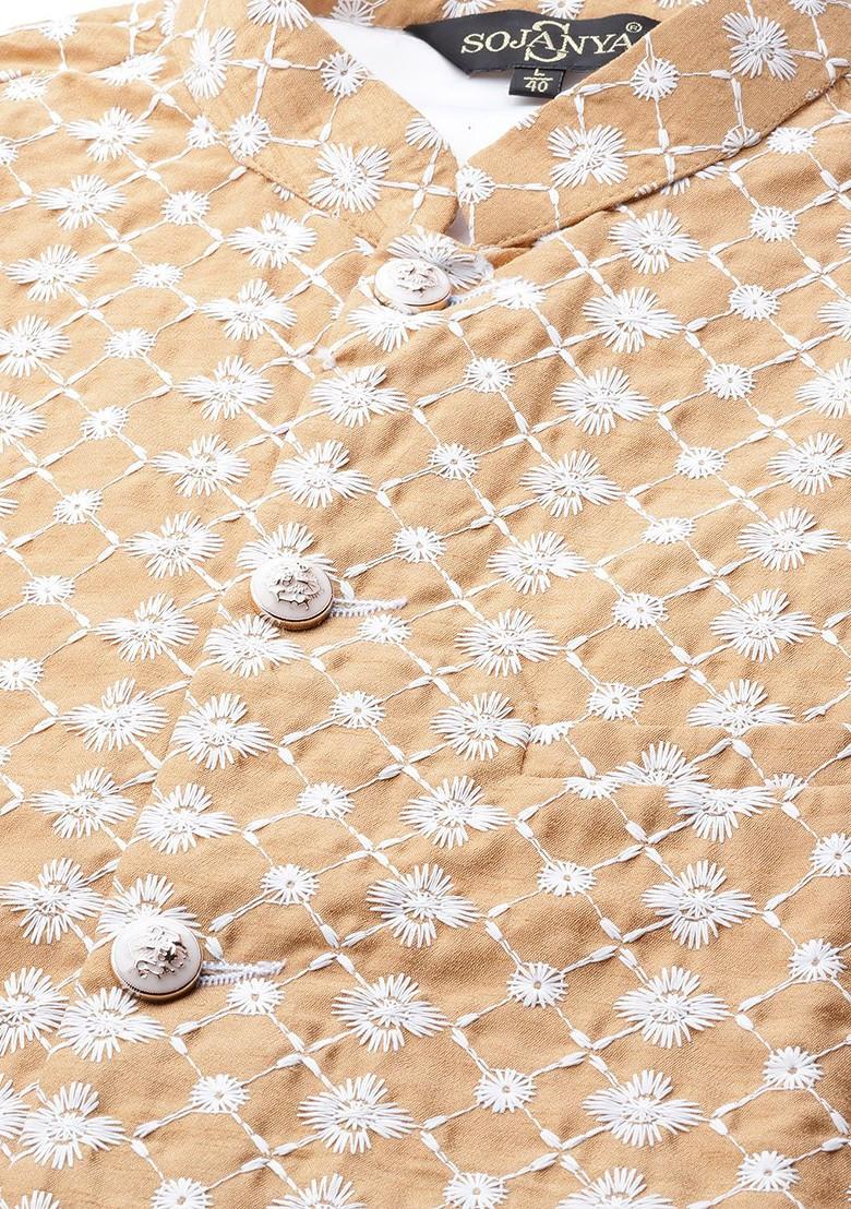 Gold Embroidered Poly Blend Kurta Set For Men