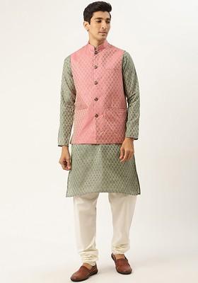 Green Ethnic Motifs Poly Blend Kurta Set For Men