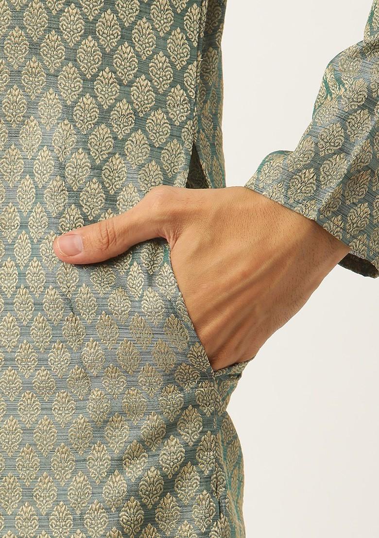 Green Ethnic Motifs Poly Blend Kurta Set For Men