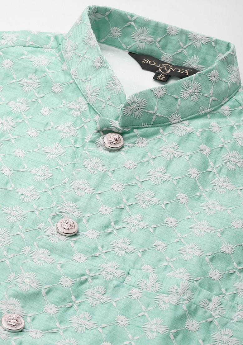 Blue Thread Work Poly Blend Kurta Set For Men