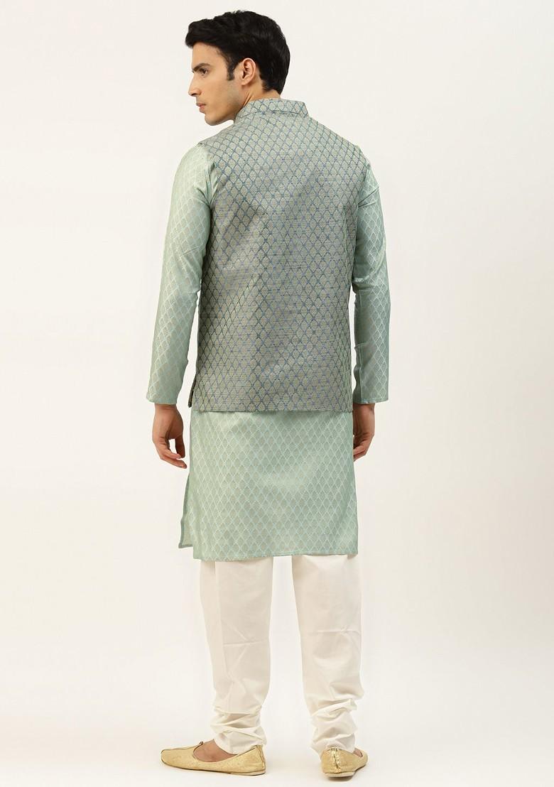 Green Ethnic Motifs Poly Blend Kurta Set For Men