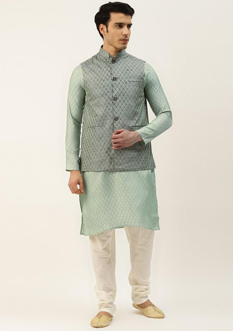 Green Ethnic Motifs Poly Blend Kurta Set For Men