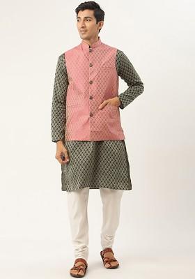 Green Ethnic Motifs Poly Blend Kurta Set For Men