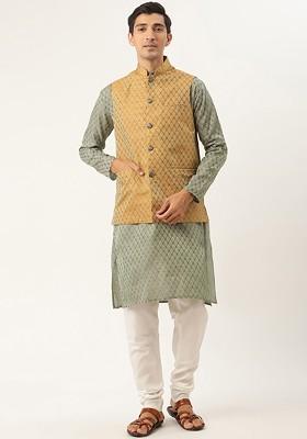 Green Ethnic Motifs Poly Blend Kurta Set For Men