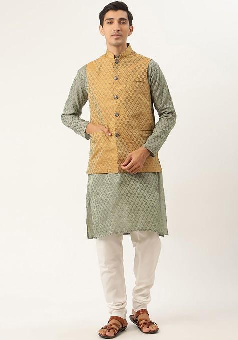 Green Ethnic Motifs Poly Blend Kurta Set For Men