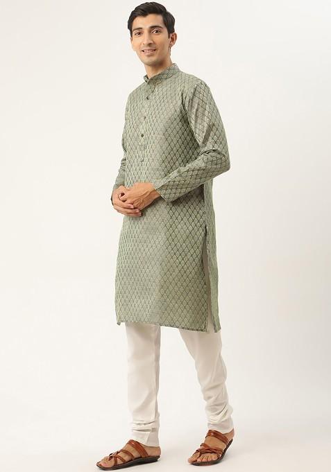 Green Ethnic Motifs Poly Blend Kurta Set For Men