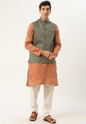 Orange Ethnic Motifs Poly Blend Kurta Set For Men