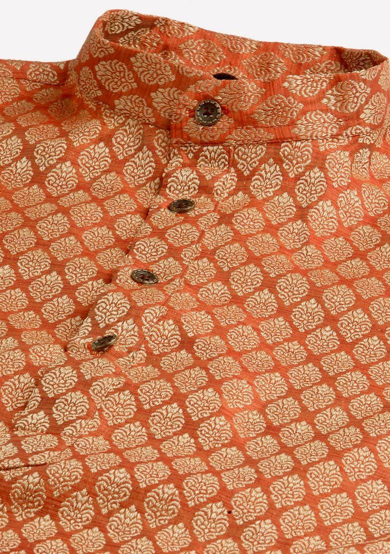 Orange Ethnic Motifs Poly Blend Kurta Set For Men