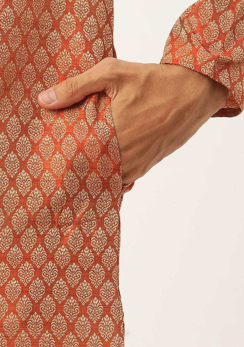 Orange Ethnic Motifs Poly Blend Kurta Set For Men
