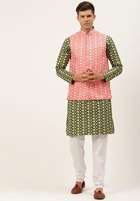 Green Thread Work Poly Blend Kurta Set For Men
