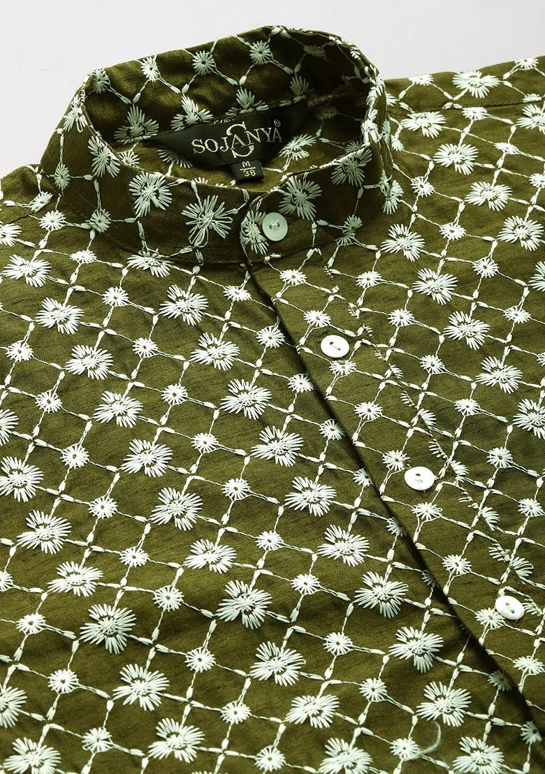 Green Thread Work Poly Blend Kurta Set For Men
