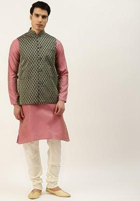 Pink Ethnic Motifs Poly Blend Kurta Set For Men