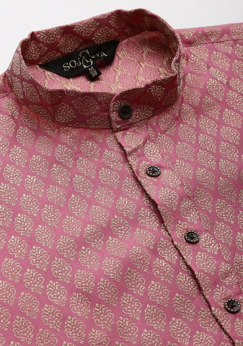 Pink Ethnic Motifs Poly Blend Kurta Set For Men