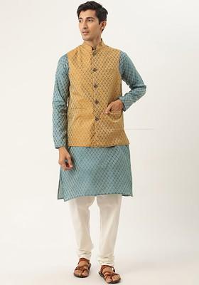 Teal Blue Ethnic Motifs Poly Blend Kurta Set For Men