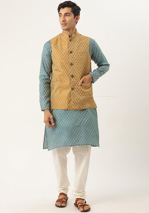 Teal Blue Ethnic Motifs Poly Blend Kurta Set For Men