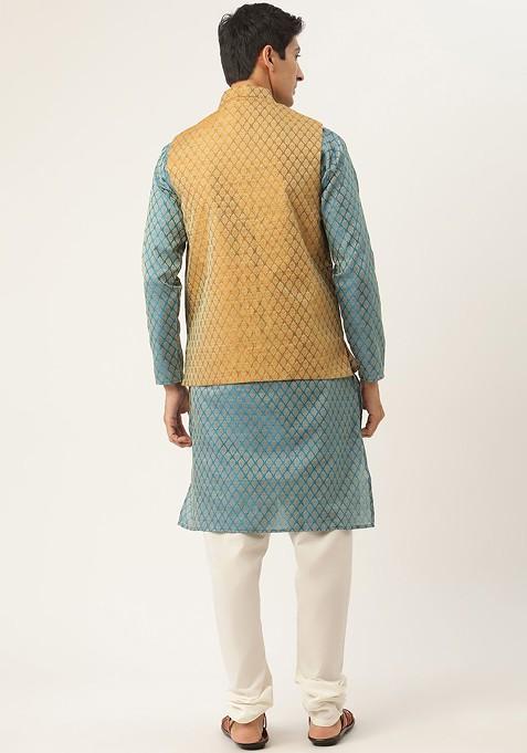 Teal Blue Ethnic Motifs Poly Blend Kurta Set For Men