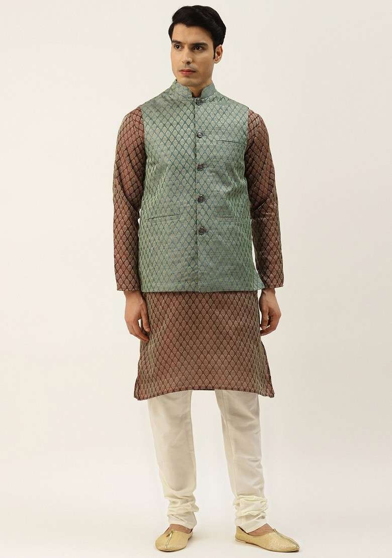 Maroon Ethnic Motifs Poly Blend Kurta Set For Men - Indya