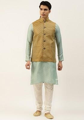 Green Ethnic Motifs Poly Blend Kurta Set For Men
