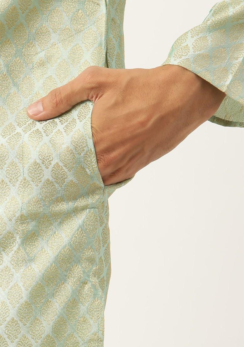 Green Ethnic Motifs Poly Blend Kurta Set For Men