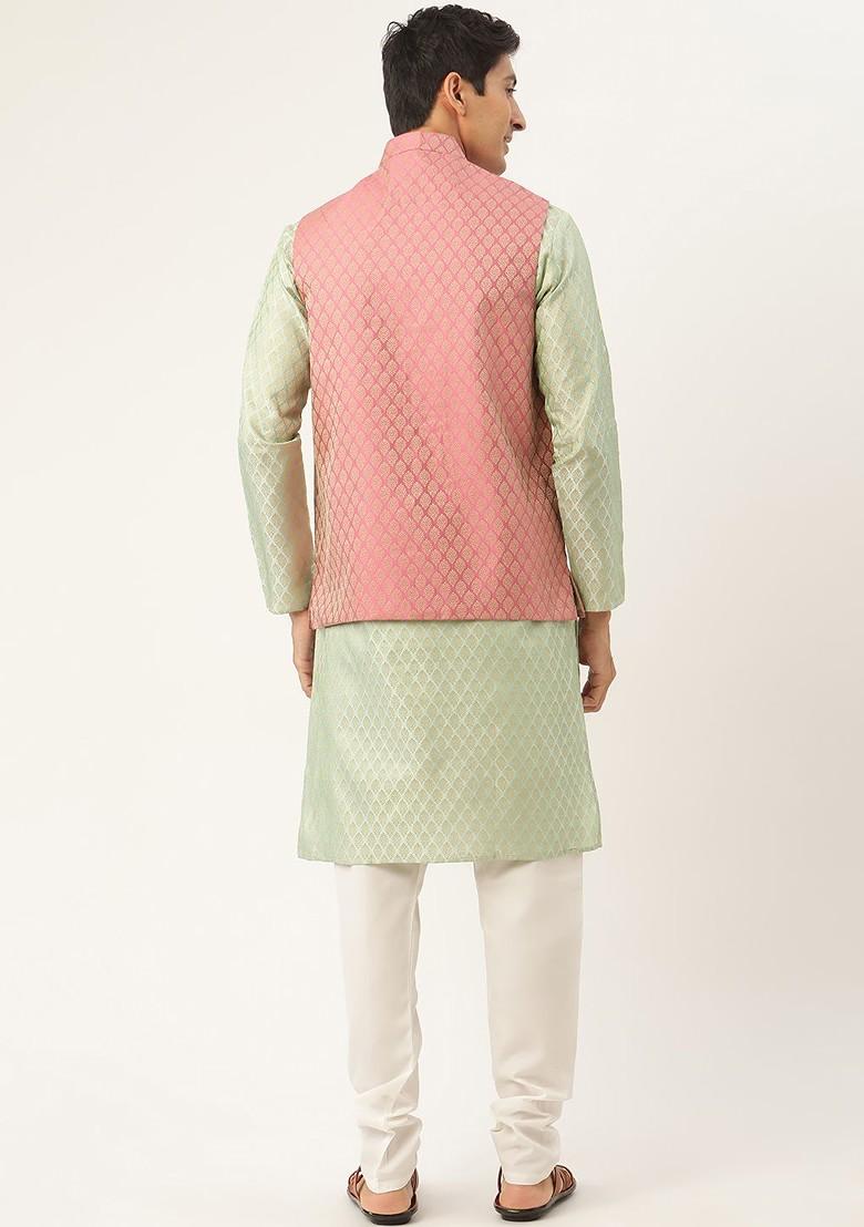 Green Ethnic Motifs Poly Blend Kurta Set For Men