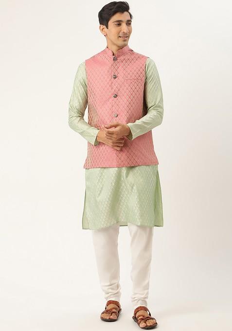 Green Ethnic Motifs Poly Blend Kurta Set For Men