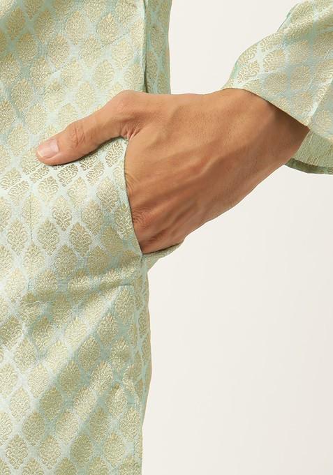 Green Ethnic Motifs Poly Blend Kurta Set For Men