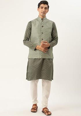 Green Ethnic Motifs Poly Blend Kurta Set For Men