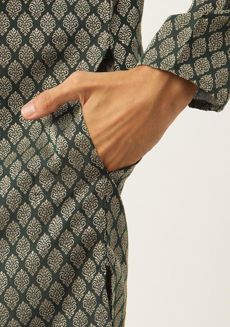 Green Ethnic Motifs Poly Blend Kurta Set For Men