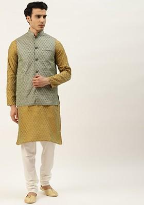 Mustard Ethnic Motifs Jacquard Kurta Set For Men