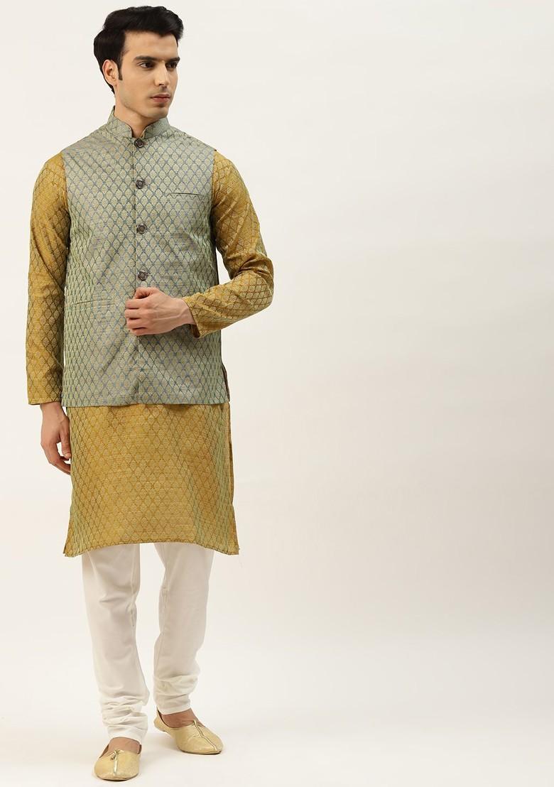 Mustard Ethnic Motifs Jacquard Kurta Set For Men