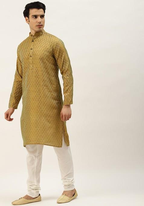 Mustard Ethnic Motifs Jacquard Kurta Set For Men