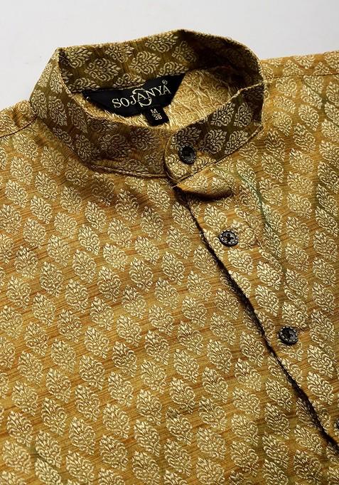 Mustard Ethnic Motifs Jacquard Kurta Set For Men