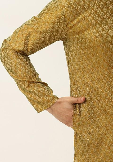 Mustard Ethnic Motifs Jacquard Kurta Set For Men