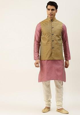 Pink Ethnic Motifs Poly Blend Kurta Set For Men