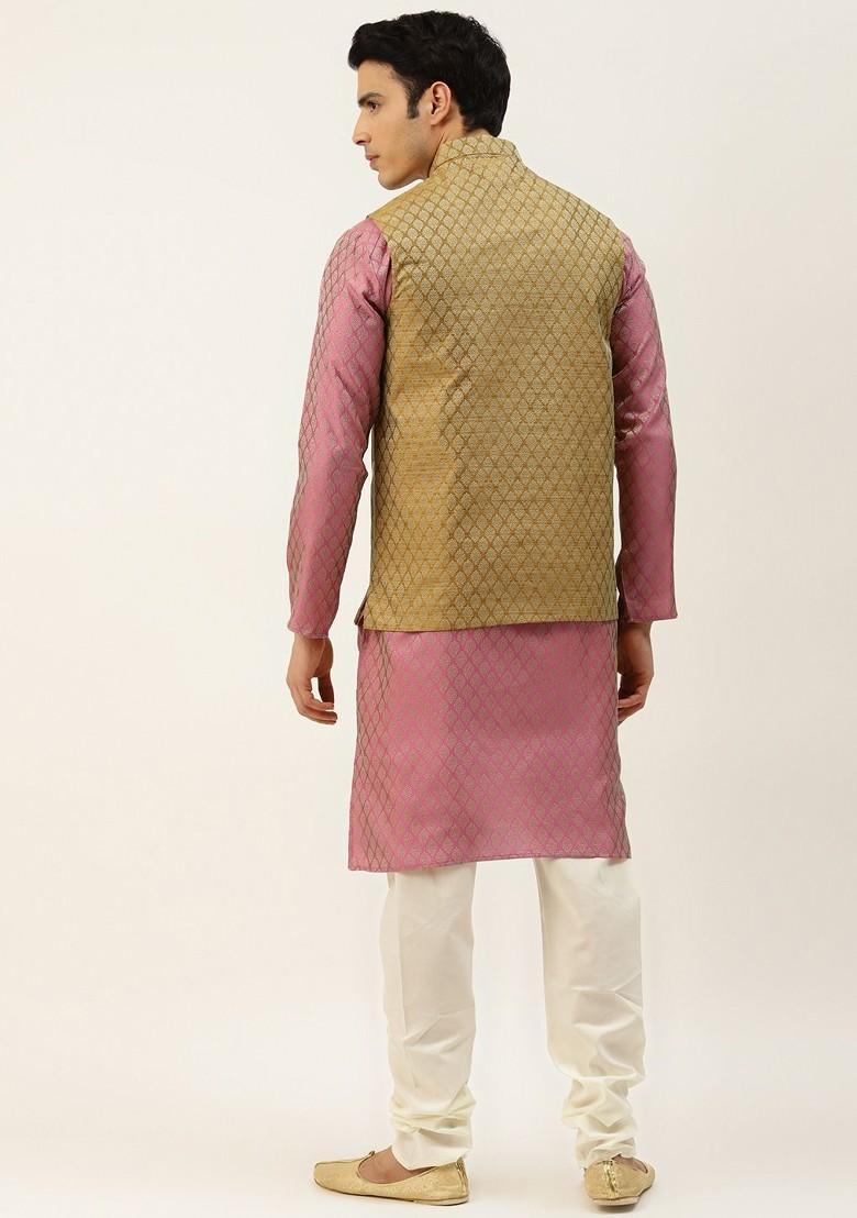 Pink Ethnic Motifs Poly Blend Kurta Set For Men