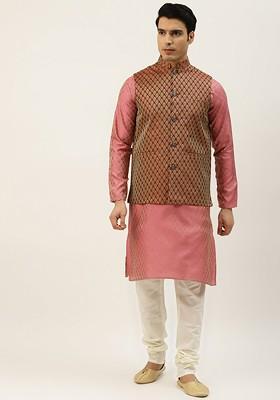 Pink Solid Poly Blend Kurta Set For Men