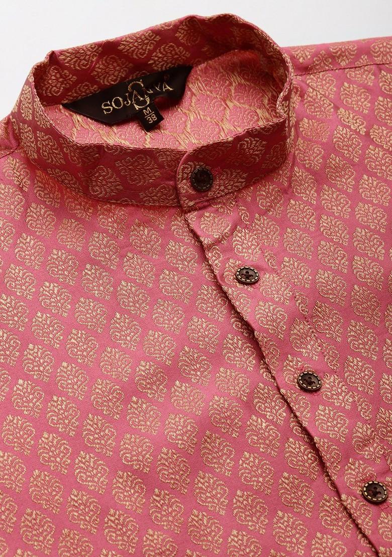 Pink Solid Poly Blend Kurta Set For Men