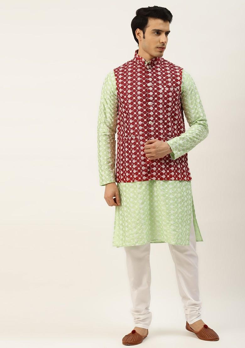 Red Embroidered Poly Blend Kurta Set For Men