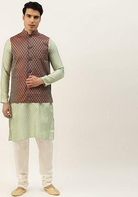 Green Ethnic Motifs Poly Blend Kurta Set For Men