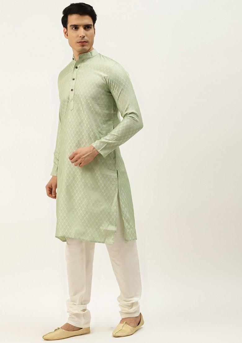 Green Ethnic Motifs Poly Blend Kurta Set For Men
