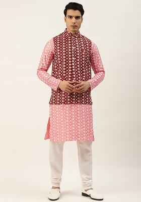 Pink Thread Work Poly Blend Kurta Set For Men