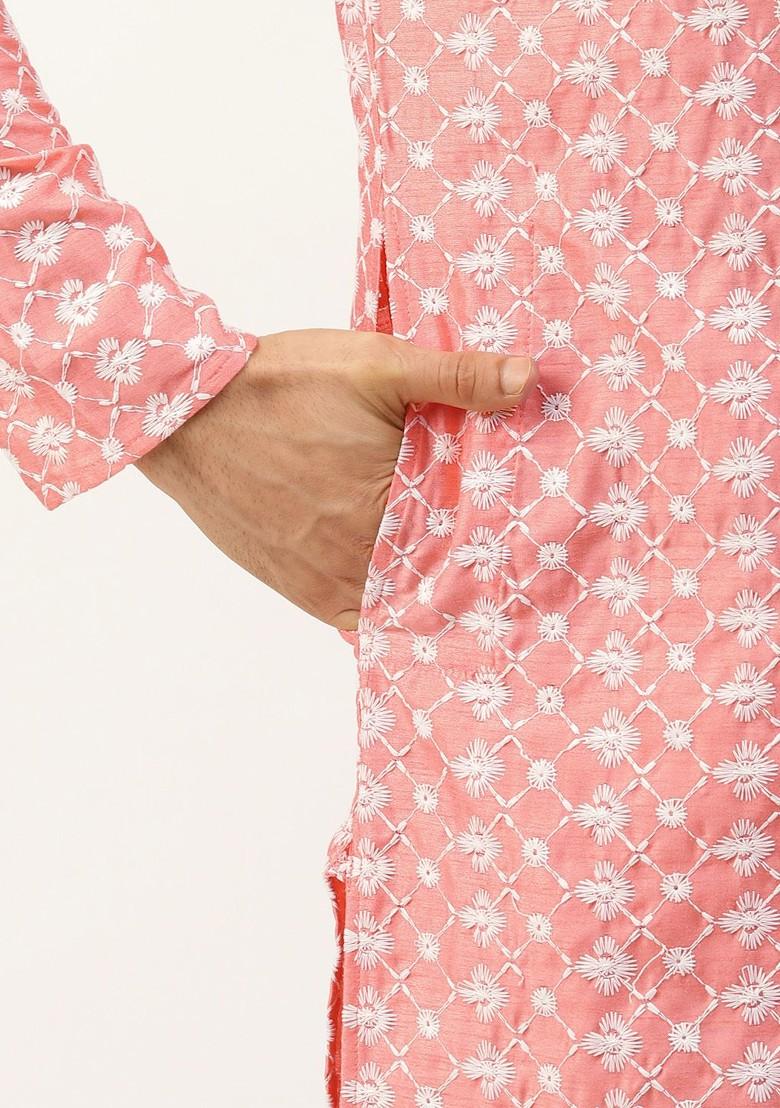 Pink Thread Work Poly Blend Kurta Set For Men