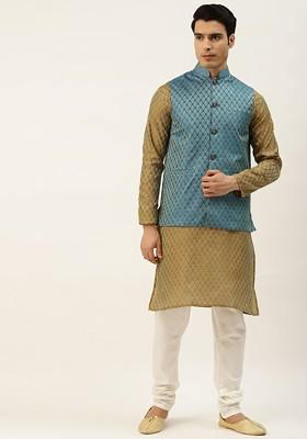 Olive Ethnic Motifs Jacquard Kurta Set For Men