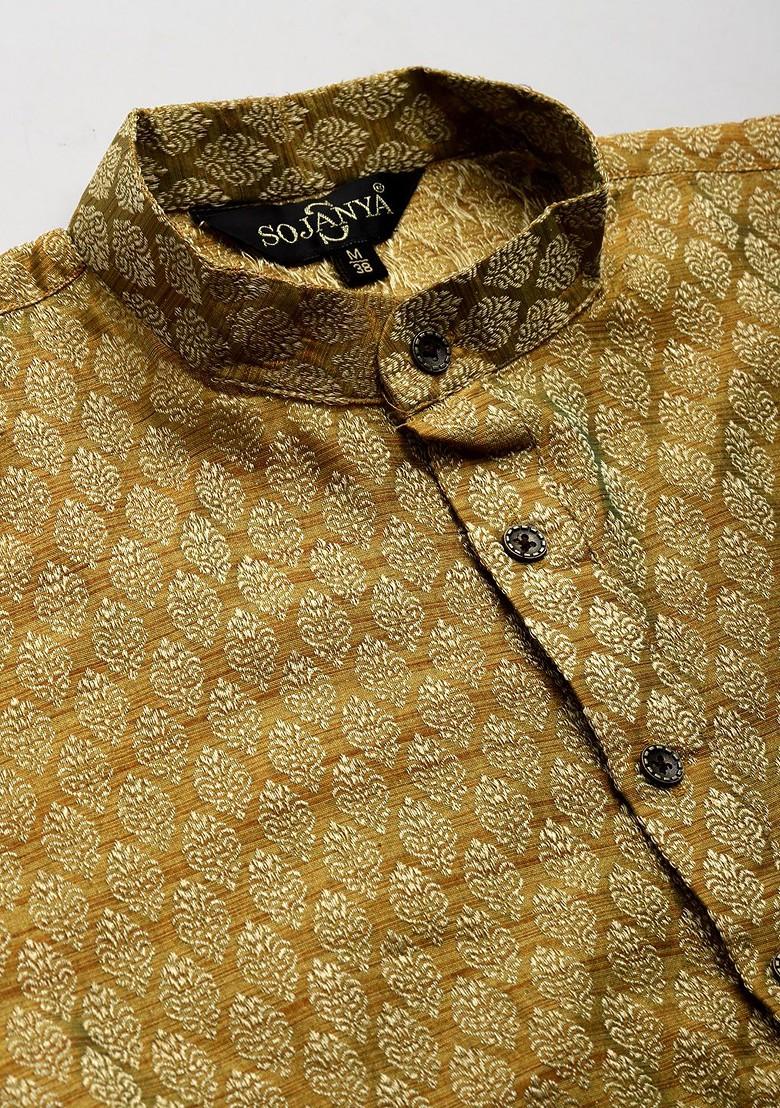 Olive Ethnic Motifs Jacquard Kurta Set For Men